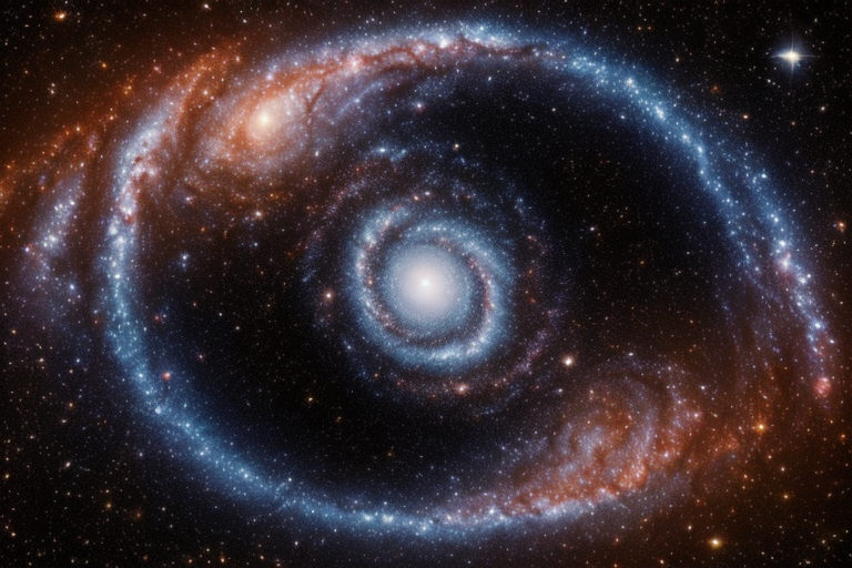 Illustration of gravitational lensing around a galaxy cluster, showing how light from background galaxies is distorted.