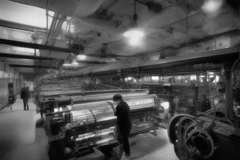 A black and white photograph of children working in a textile mill, highlighting the intricate machinery.