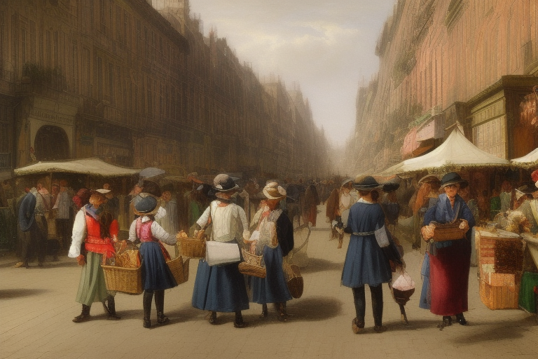 A drawing or painting depicting a bustling Victorian street scene, highlighting street vendors and informal trading activities.